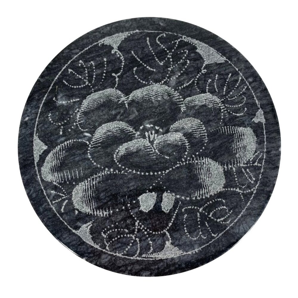 Decorative Black Granite Marble Round Jewelry Box With Floral Carved Lid 4x1.5"